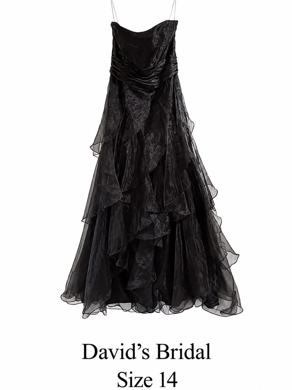 David's Bridal Black Strapless Layered Ruffle Gown